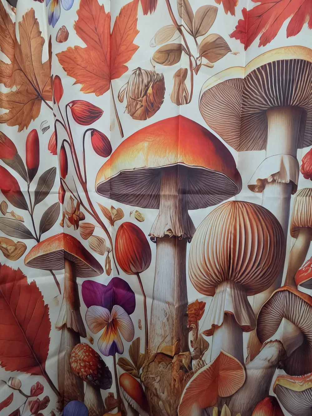NWOT Autumn Mushroom Shower Curtain - Orange & Cream Foliage Design